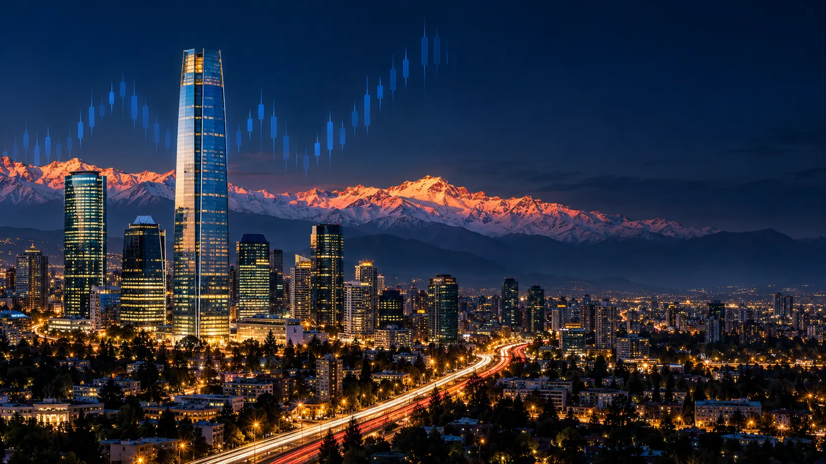 Rascacielos de Santiago de Chile con la cordillera de los Andes nevada al fondo, al atardecer